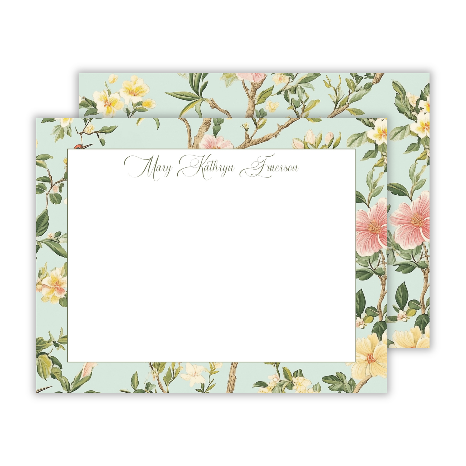 personalized notecard with with floral chinoiserie pattern on a teal blue background and script font name, ShooFly Paper Co. Auburn, Alabama