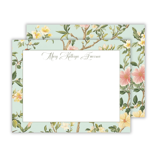 personalized notecard with with floral chinoiserie pattern on a teal blue background and script font name, ShooFly Paper Co. Auburn, Alabama
