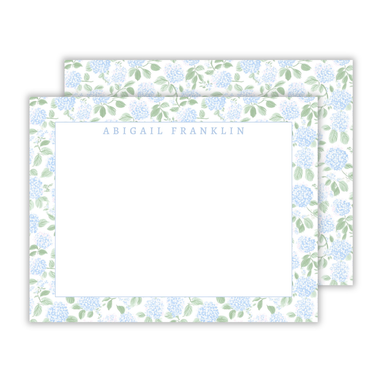personalized stationery set with simple serif name blue hydrangea pattern, ShooFly Paper Co. Auburn, Alabama