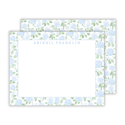 personalized stationery set with simple serif name blue hydrangea pattern, ShooFly Paper Co. Auburn, Alabama