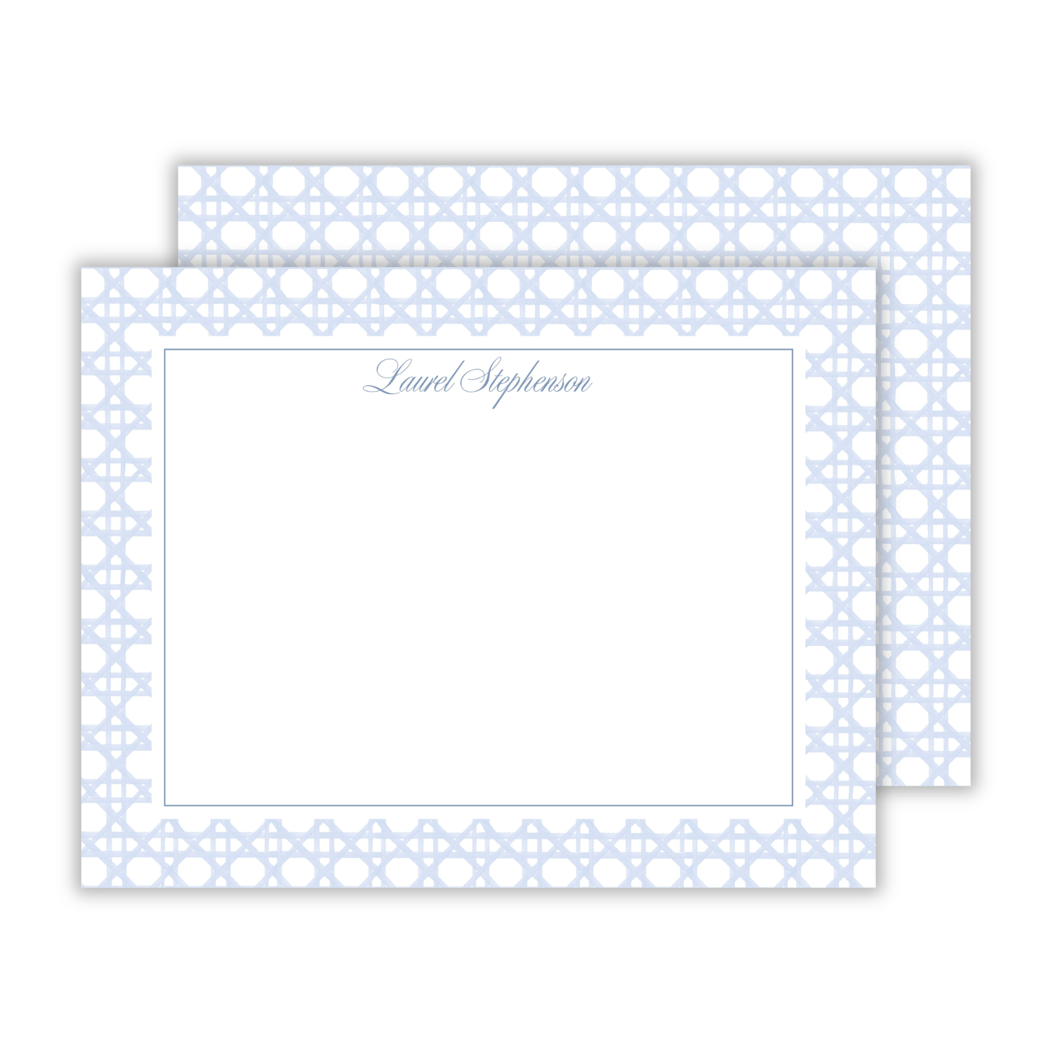 personalized notecard set with blue rattan background and script font name, ShooFly Paper Co. Auburn, Alabama
