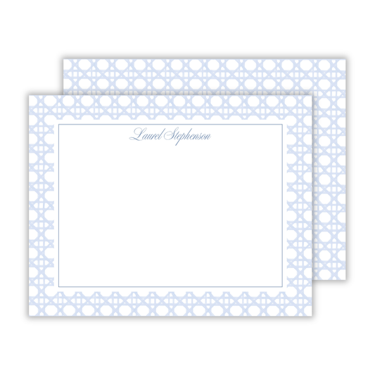 personalized notecard set with blue rattan background and script font name, ShooFly Paper Co. Auburn, Alabama