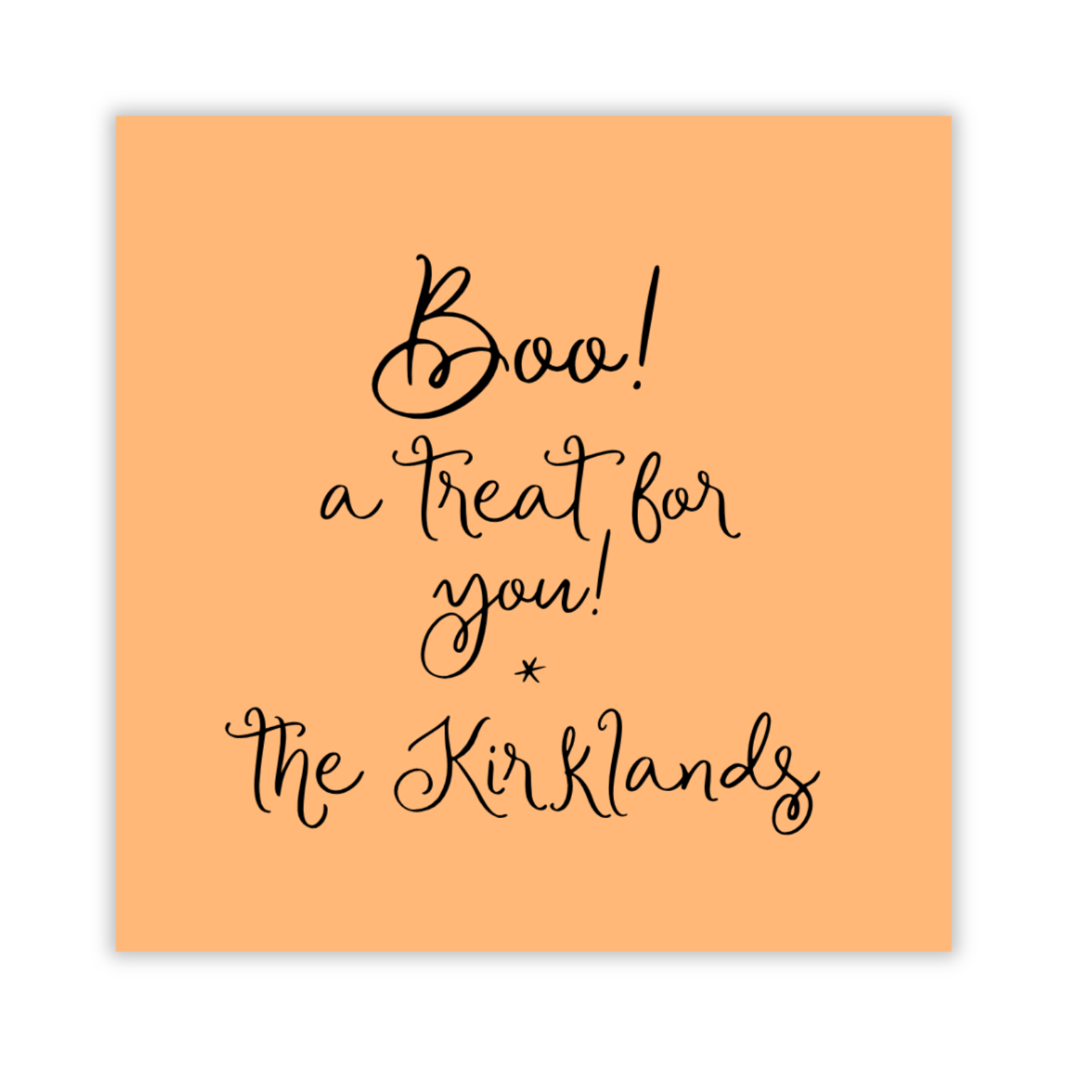 personalized Halloween gift tag with orange background and black cursive writing, ShooFly Paper Co. Auburn, Alabama