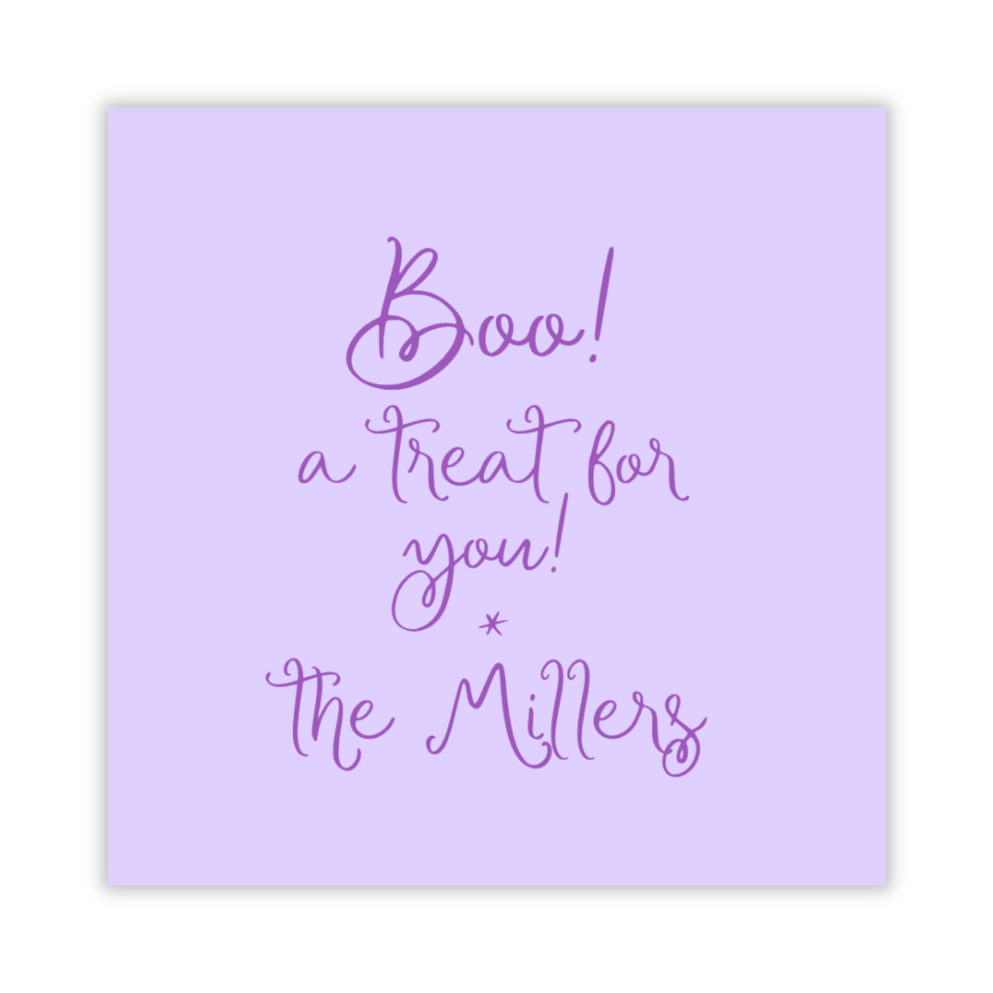 personalized Halloween gift tag with light purple background and darker purple text, ShooFly Paper Co. Auburn, Alabama