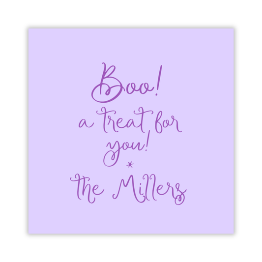 personalized Halloween gift tag with light purple background and darker purple text, ShooFly Paper Co. Auburn, Alabama