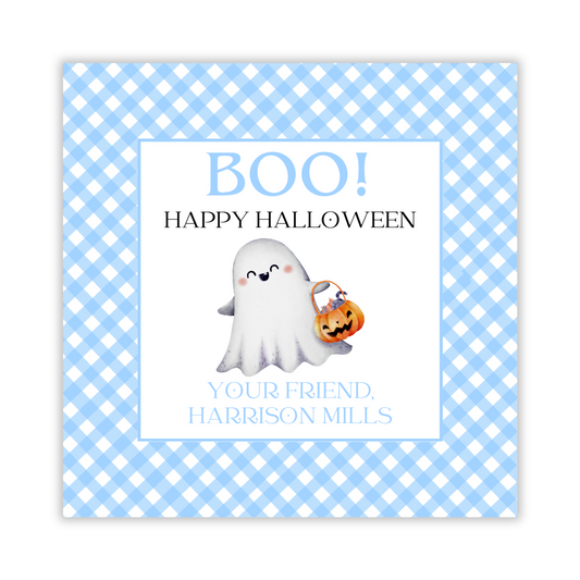 blue gingham halloween tag with friendly ghost; ShooFly Paper Co. Auburn, Alabama