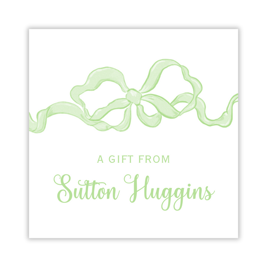 personalized gift tag with green bow, gift tag for little girl, ShooFly Paper Co. Auburn, Alabama