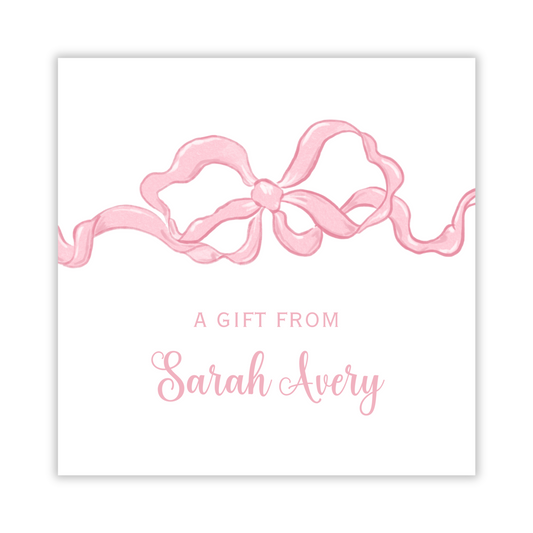 personalized gift tag with pink bow, gift tag for little girl, ShooFly Paper Co. Auburn, Alabama