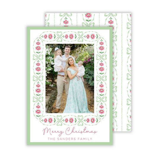 nontraditional photo christmas card with light green and pink bow & floral pattern, ShooFly Paper Co. Auburn, Alabama