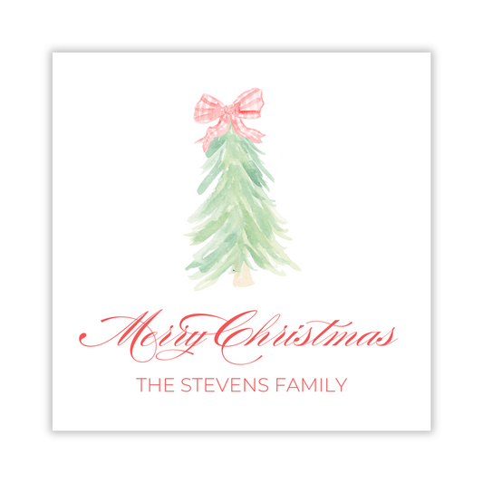 personalized christmas gift tag with watercolor tree and red bow, featuring 'Merry Christmas' and personalization, ShooFly Paper Co. Auburn, Alabama