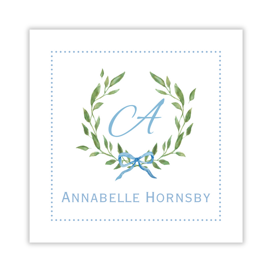 personalized gift tag with lauren wreath and blue bow, initial calling card, ShooFly Paper Co. Auburn, Alabama