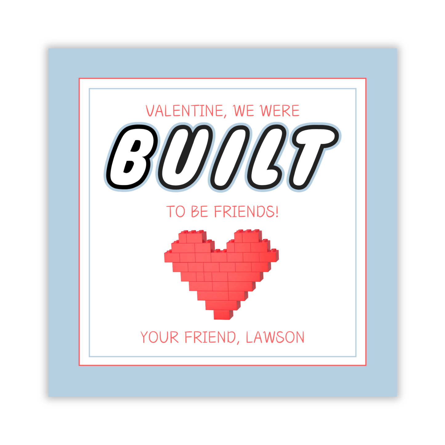 valentine gift tag with lego heart, we were built to be friends, ShooFly Paper Co. Auburn, Alabama