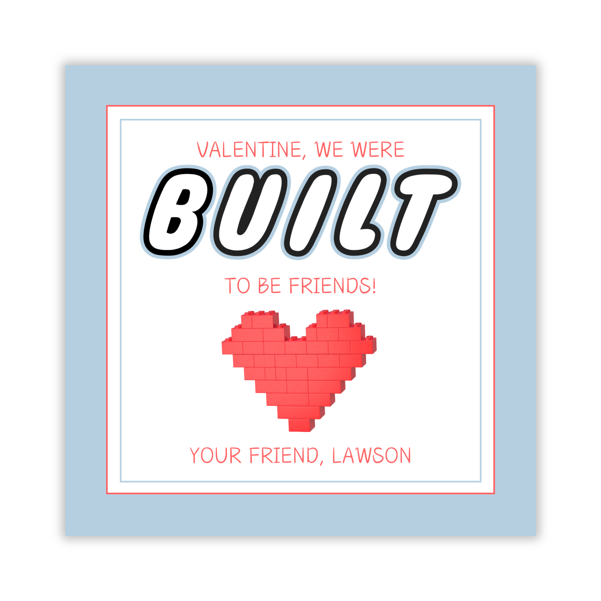 valentine gift tag with lego heart, we were built to be friends, ShooFly Paper Co. Auburn, Alabama