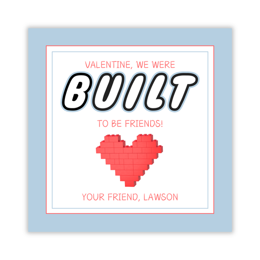 valentine gift tag with lego heart, we were built to be friends, ShooFly Paper Co. Auburn, Alabama
