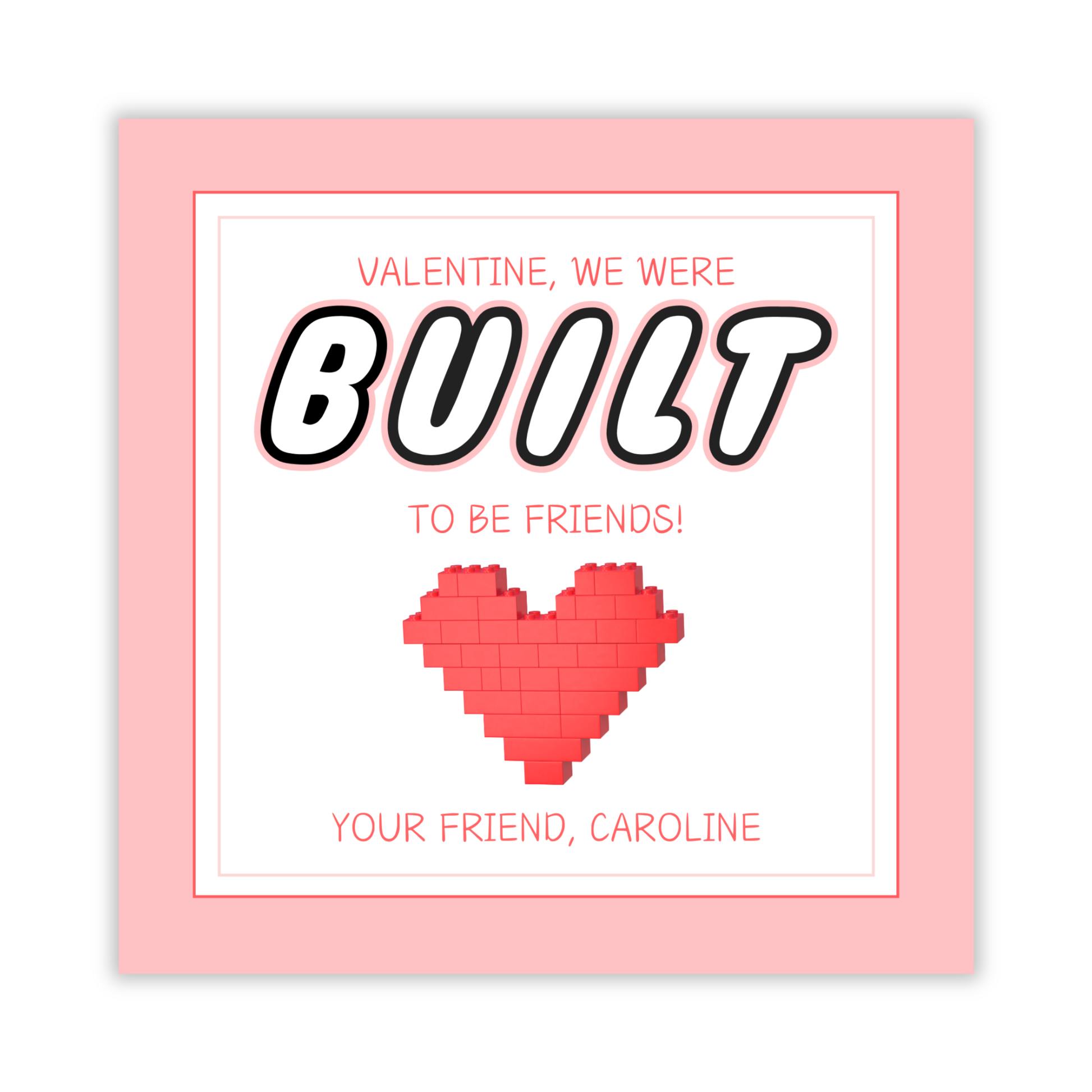 valentine gift tag with lego heart, we were built to be friends, ShooFly Paper Co. Auburn, Alabama