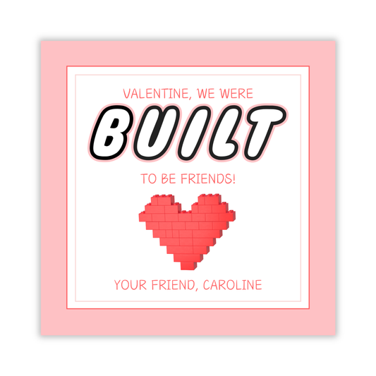 valentine gift tag with lego heart, we were built to be friends, ShooFly Paper Co. Auburn, Alabama