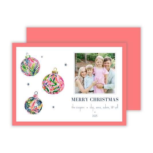 personalized non-traditional Christmas card with brightly colored watercolor bauble ornaments, ShooFly Paper Co. Auburn, Alabama