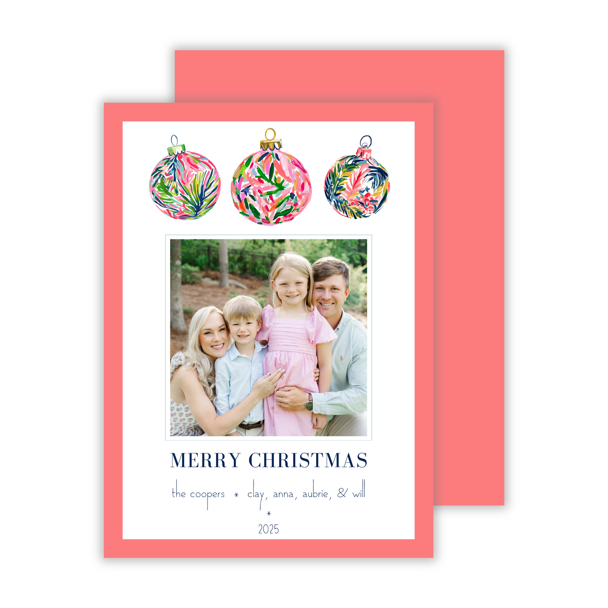 personalized non-traditional Christmas card with brightly colored watercolor bauble ornaments, ShooFly Paper Co. Auburn, Alabama
