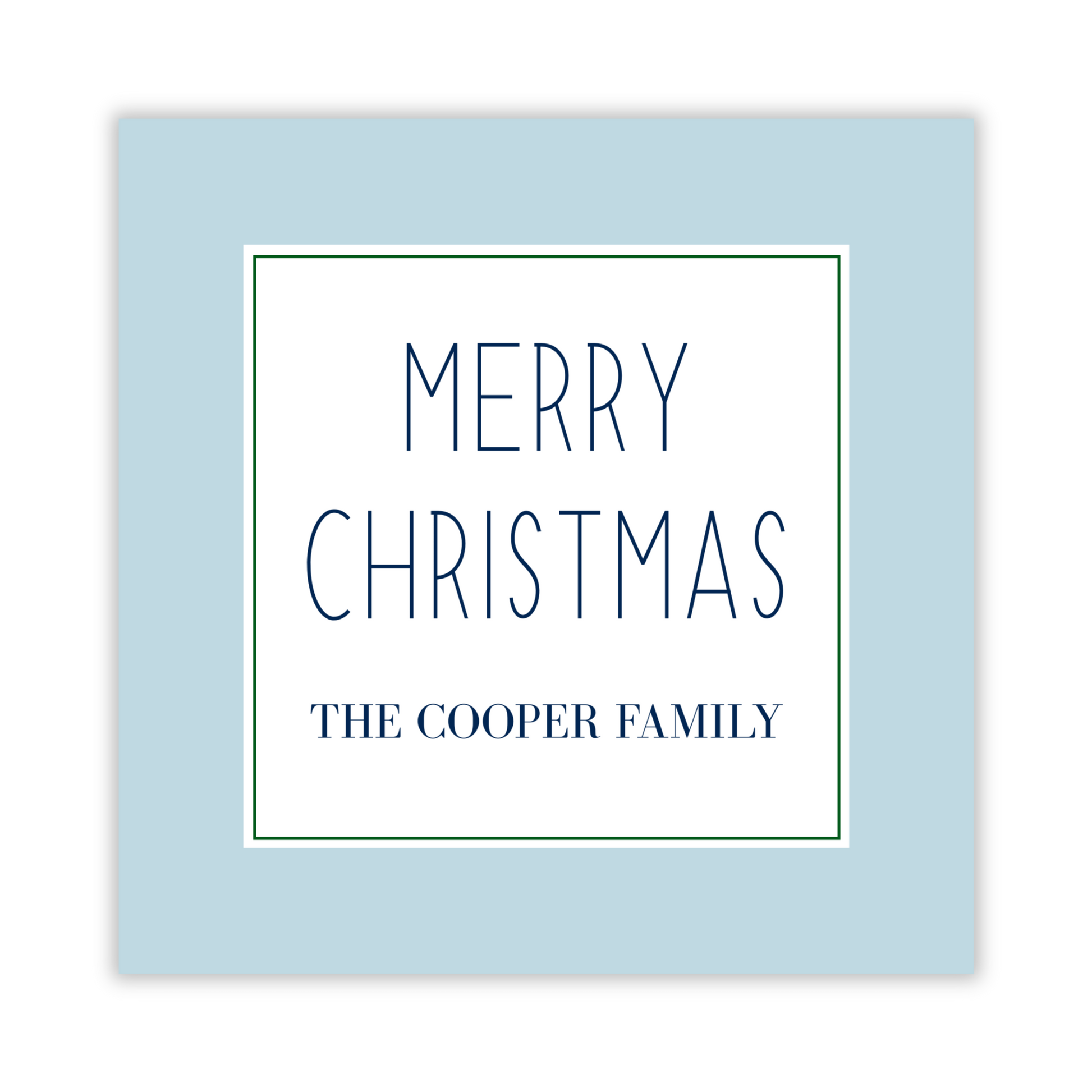 personalized light blue christmas gift tag from the bright baubles collections, ShooFly Paper Co. Auburn, Alabama