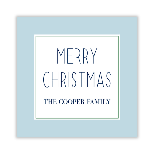 personalized light blue christmas gift tag from the bright baubles collections, ShooFly Paper Co. Auburn, Alabama