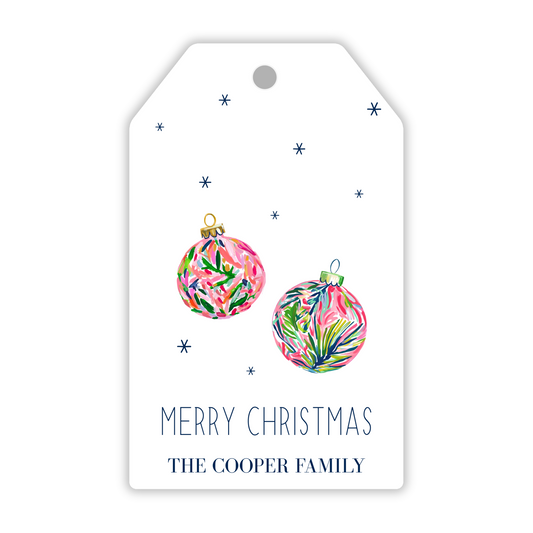 personalized christmas gift tag with brighly colored watercolor bauble ornaments, ShooFly Paper Co. Auburn, Alabama