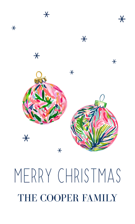 christmas gift tag with brightly colored watercolor baubles, ShooFly Paper Co. Auburn, Alabama