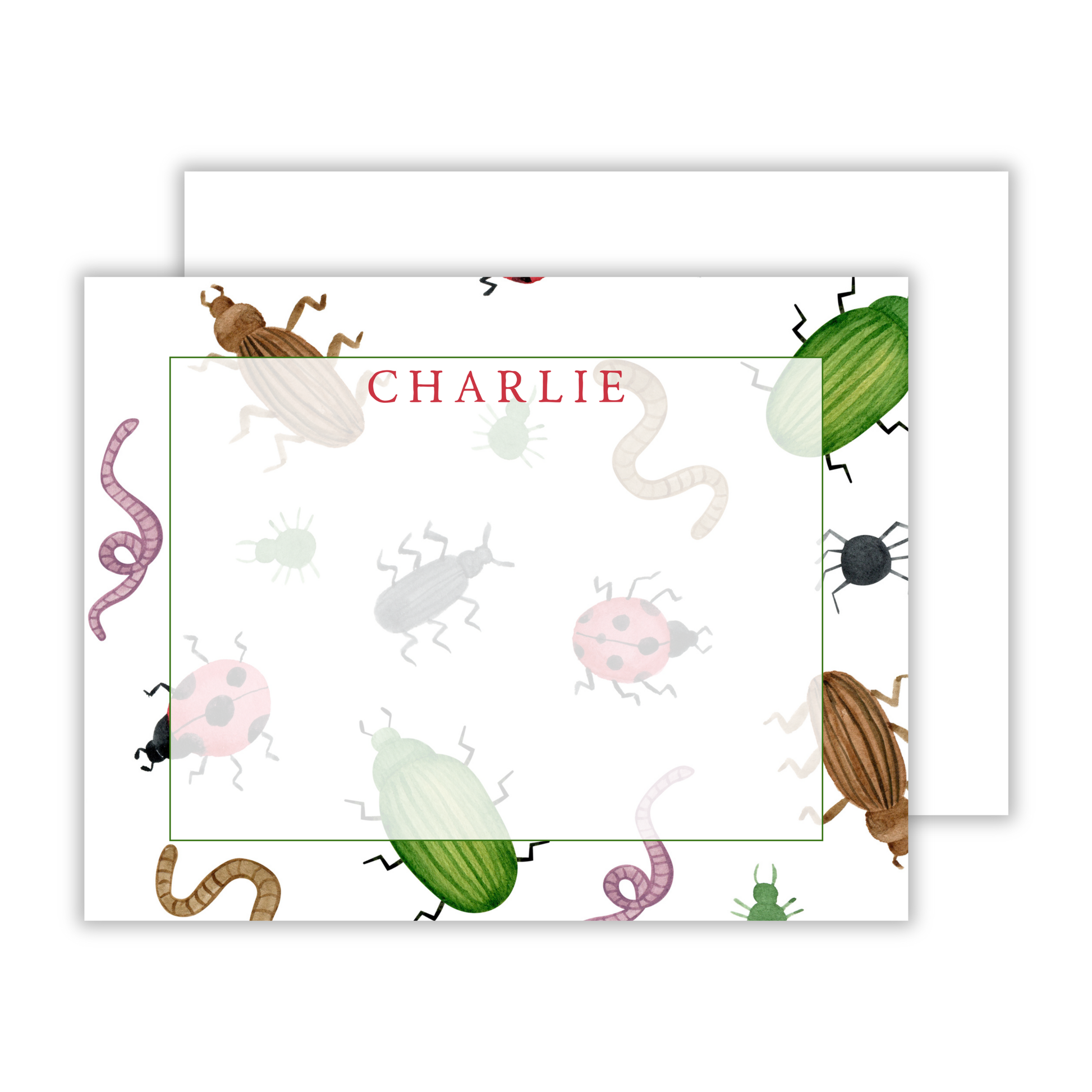 personalized kids notecard set with watercolor bugs, ShooFly Paper Co. Auburn, Alabama