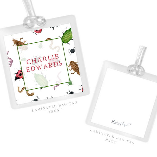 cute laminated bag tag with bugs background for camp, ShooFly Paper Co. Auburn, AL