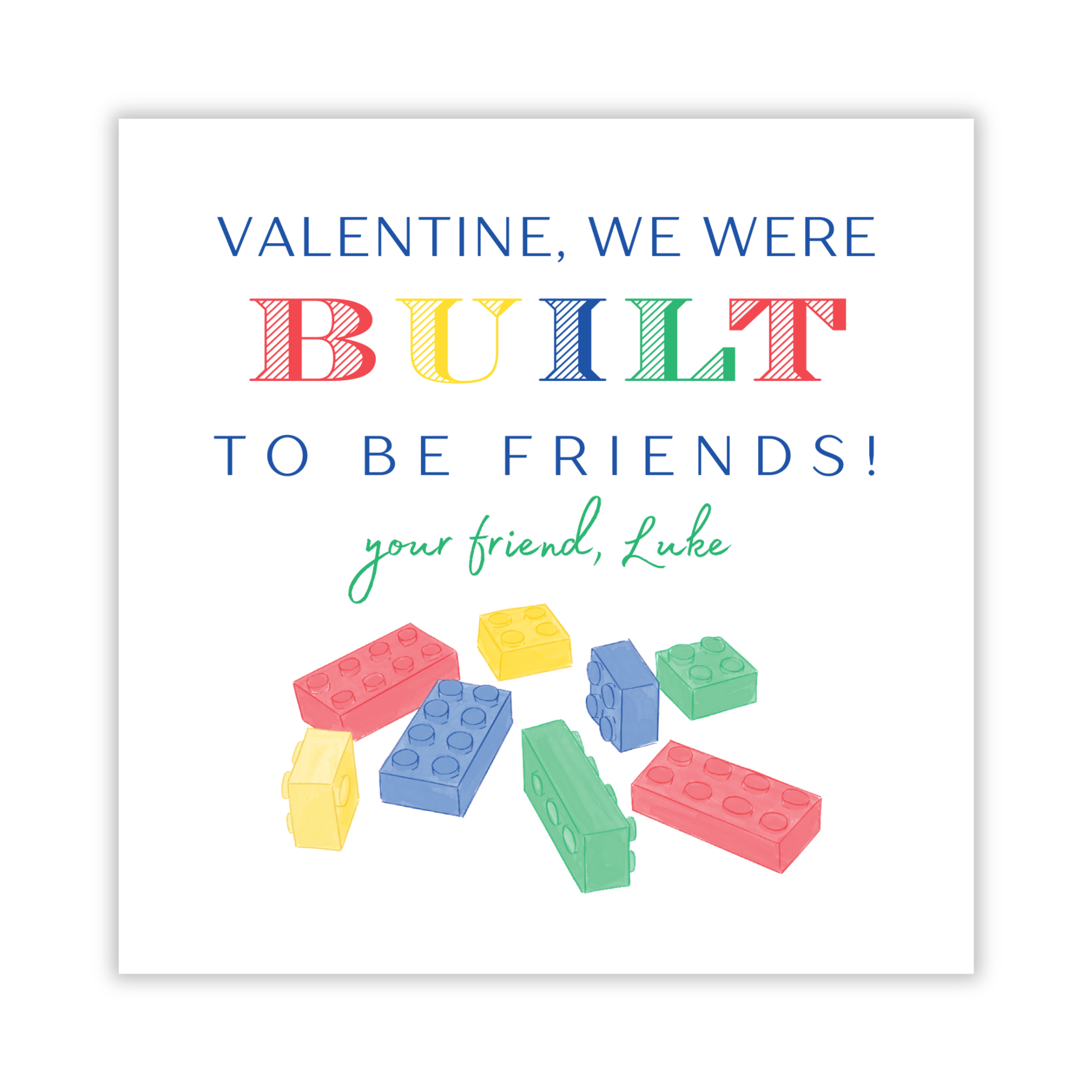personalized valentine with lego bricks, built to be friends, ShooFly Paper Co. Auburn, Alabama