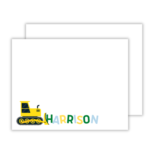 personalized notecard set for kids with bulldozer and multicolored letters, ShooFly Paper Co. Auburn, Alabama
