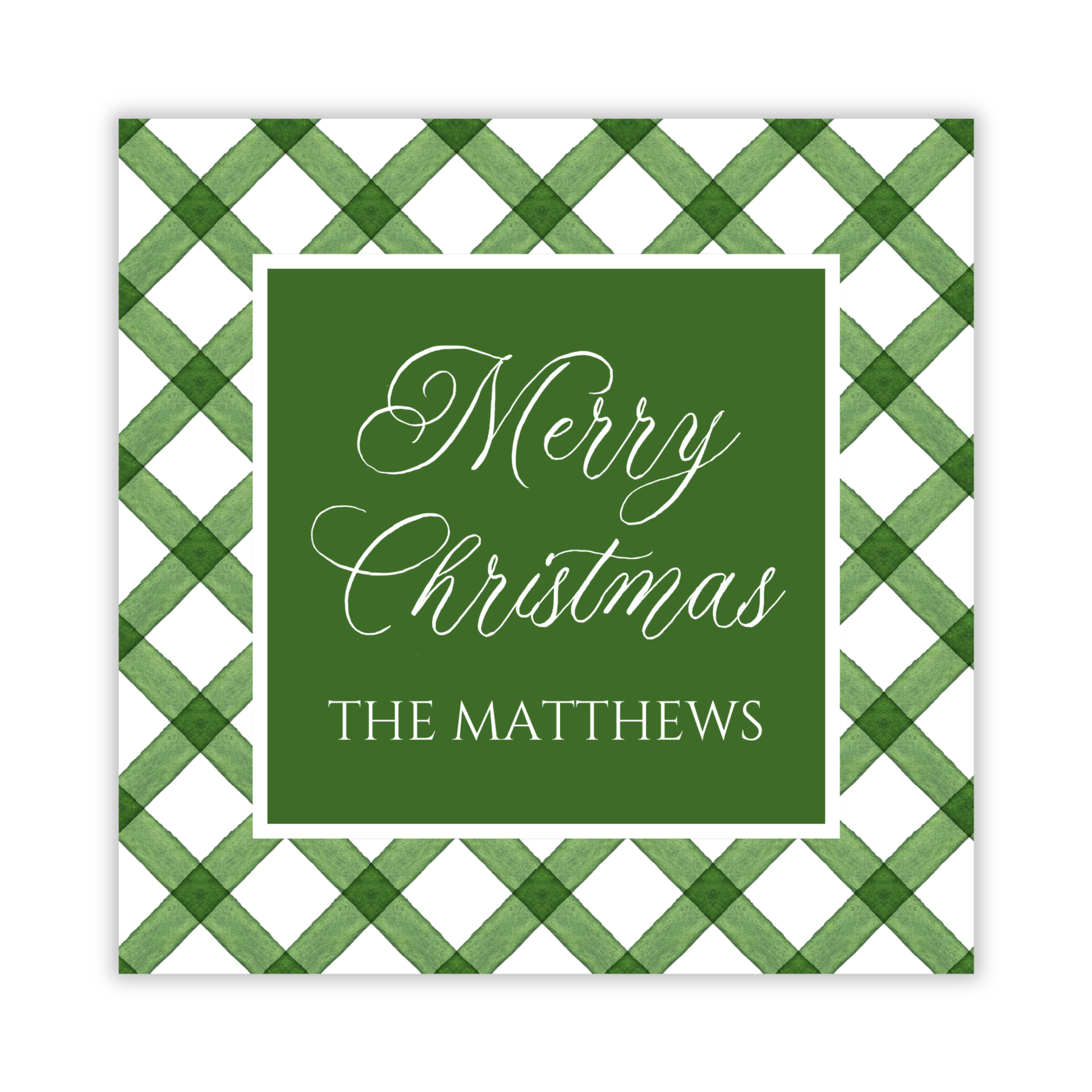 square christmas gift tag with green and white check pattern and personalization, ShooFly Paper Co. Auburn, Alabama
