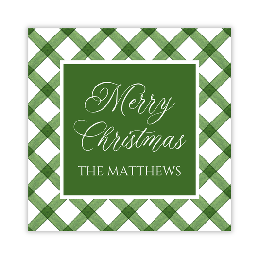 square christmas gift tag with green and white check pattern and personalization, ShooFly Paper Co. Auburn, Alabama