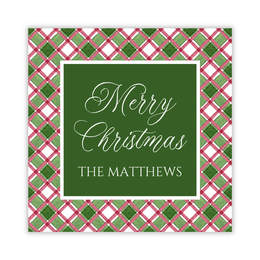 square christmas gift tag with watercolor green & burgunday plaid pattern and personalization, ShooFly Paper Co. Auburn, Alabama