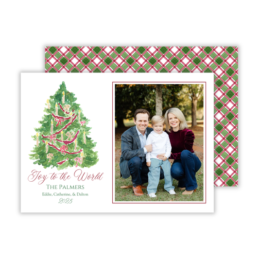 personalized photo christmas card with watercolor tree with bows and Joy to the World text and a festive green & red back design, ShooFly Paper Co. Auburn, Alabama