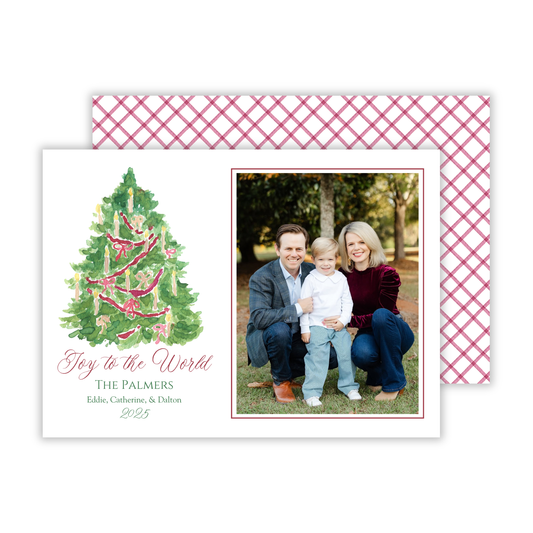 personalized photo christmas card with watercolor tree with bows and Joy to the World text and a classic red & white back design, ShooFly Paper Co. Auburn, Alabama