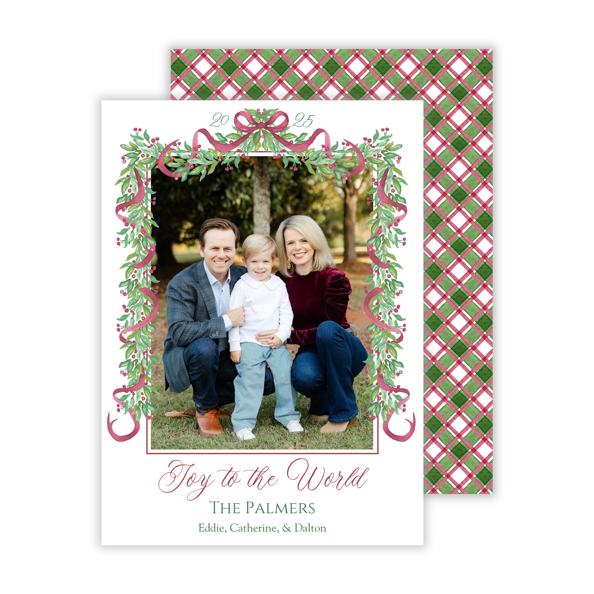 personalized photo christmas card with watercolor garland with bows and Joy to the World text and a festive green & red back design, ShooFly Paper Co. Auburn, Alabama