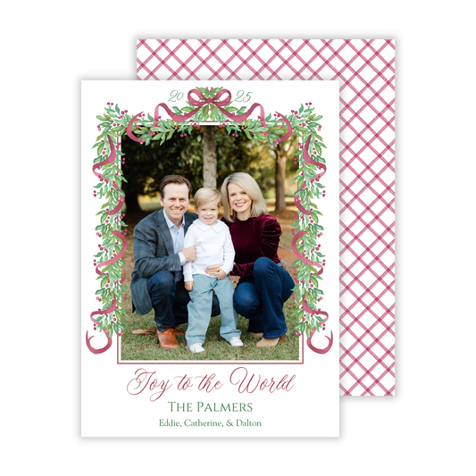 personalized photo christmas card with watercolor garland with bows and Joy to the World text and a classic red and white back design, ShooFly Paper Co. Auburn, Alabama