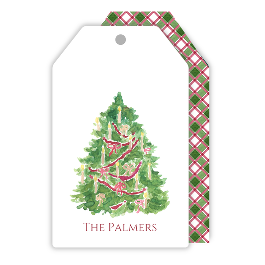 hanging christmas gift tag with watercolor christmas tree with bows and a christmas plaid back, ShooFly Paper Co. Auburn, Alabama