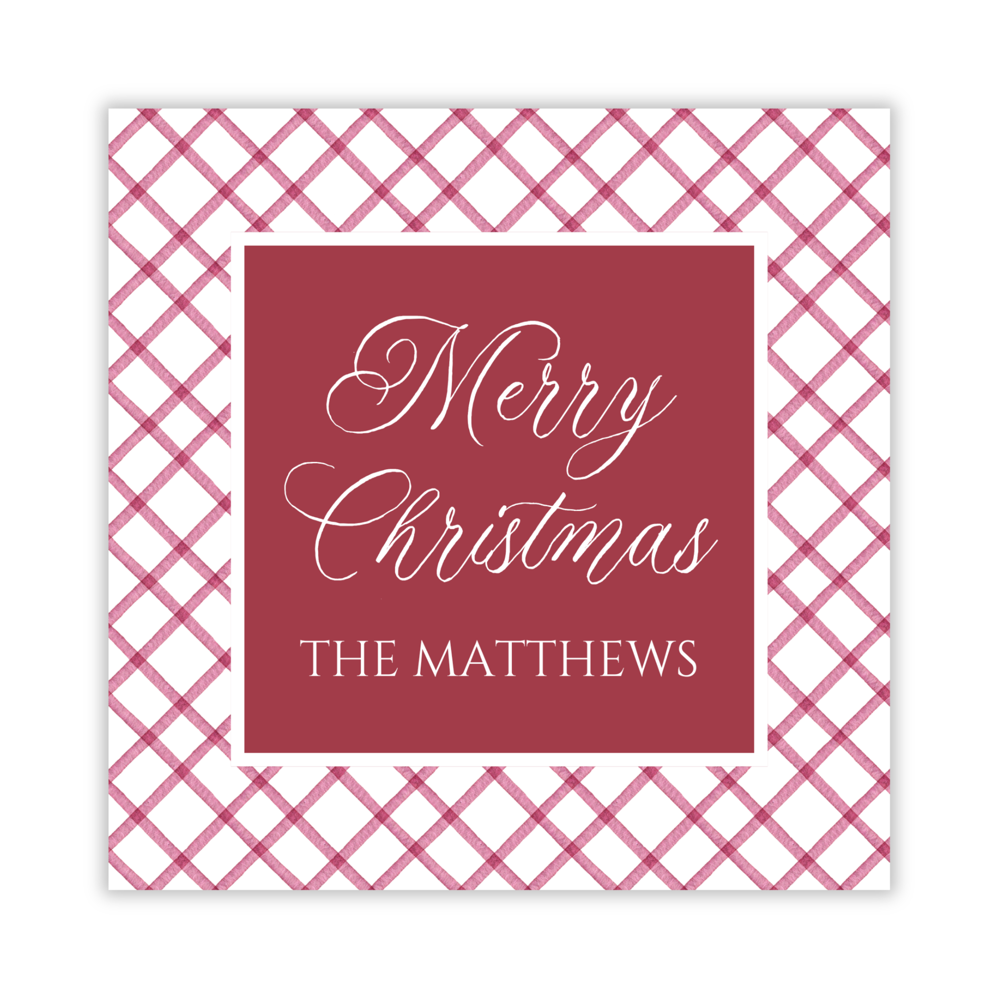 square christmas gift tag with burgundy check pattern and personalization, ShooFly Paper Co. Auburn, Alabama