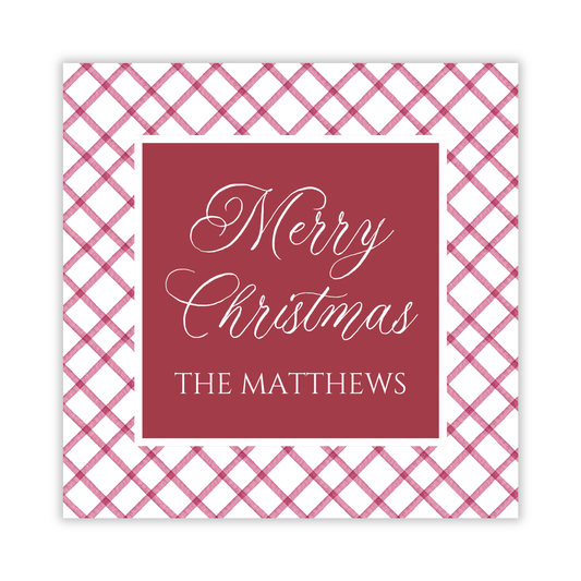 square christmas gift tag with burgundy check pattern and personalization, ShooFly Paper Co. Auburn, Alabama