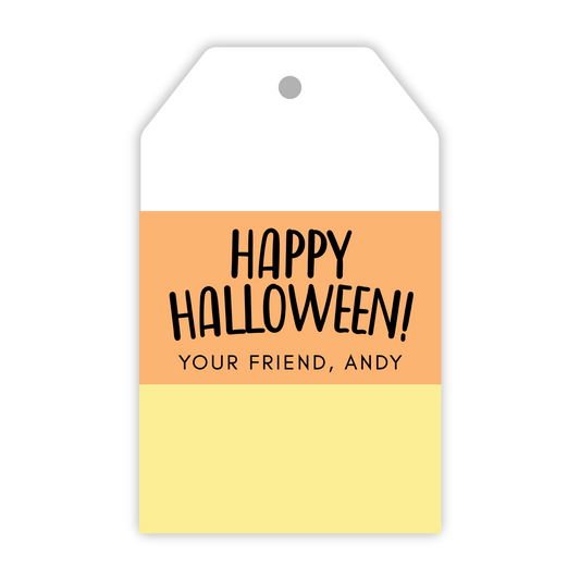 personalized gift tag for halloween with a candy corn color scheme, ShooFly Paper Co. Auburn, Alabama