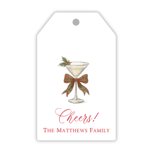 personalized gift tag with a festive martini glass with a red and green bow and Cheers!, ShooFly Paper Co. Auburn, Alabama