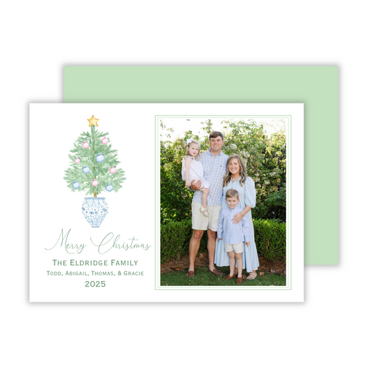 photo christmas card with watercolor christmas tree in chinoiserie pot, ShooFly Paper Co. Auburn, Alabama