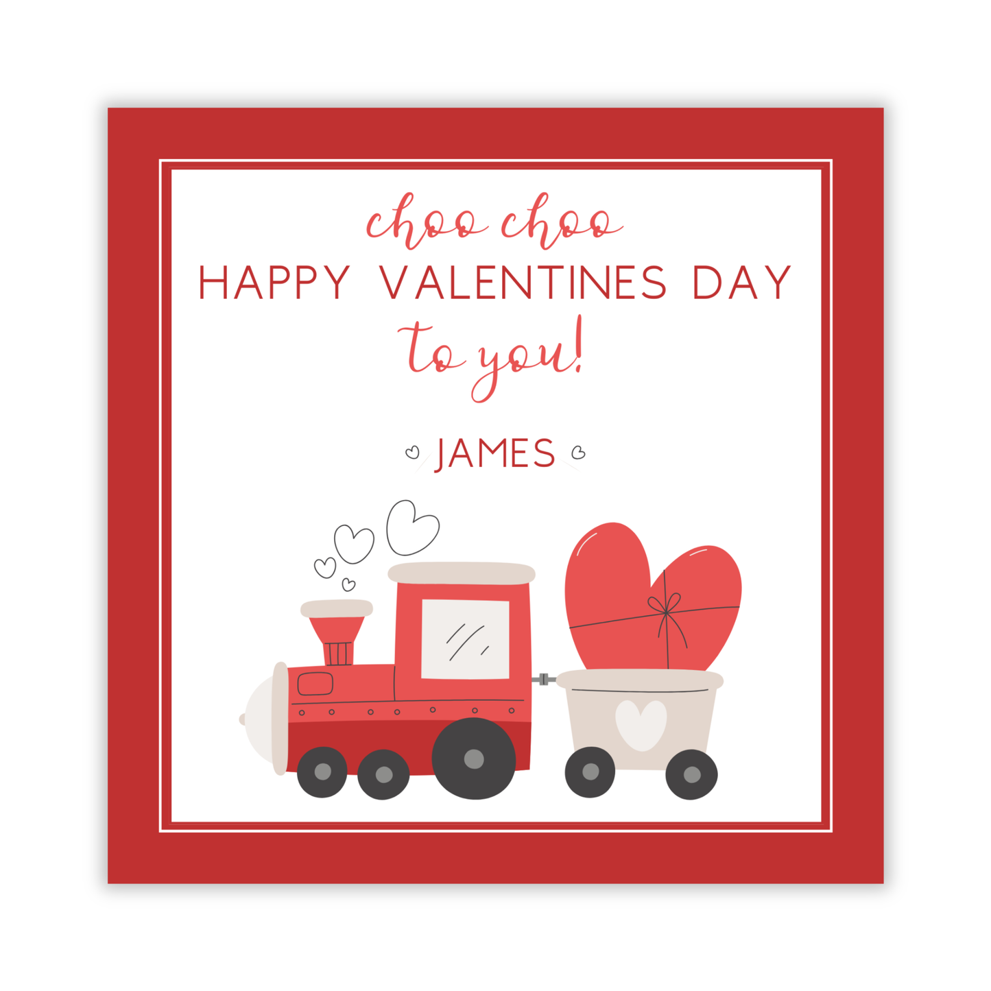 valentine gift tag with red border and train with hearts, ShooFly Paper Co. Auburn, Alabama