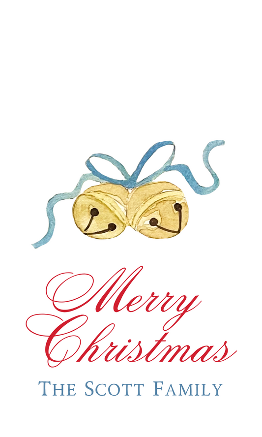 christmas gift tag with watercolor bells, ShooFly Paper Co. Auburn, Alabama