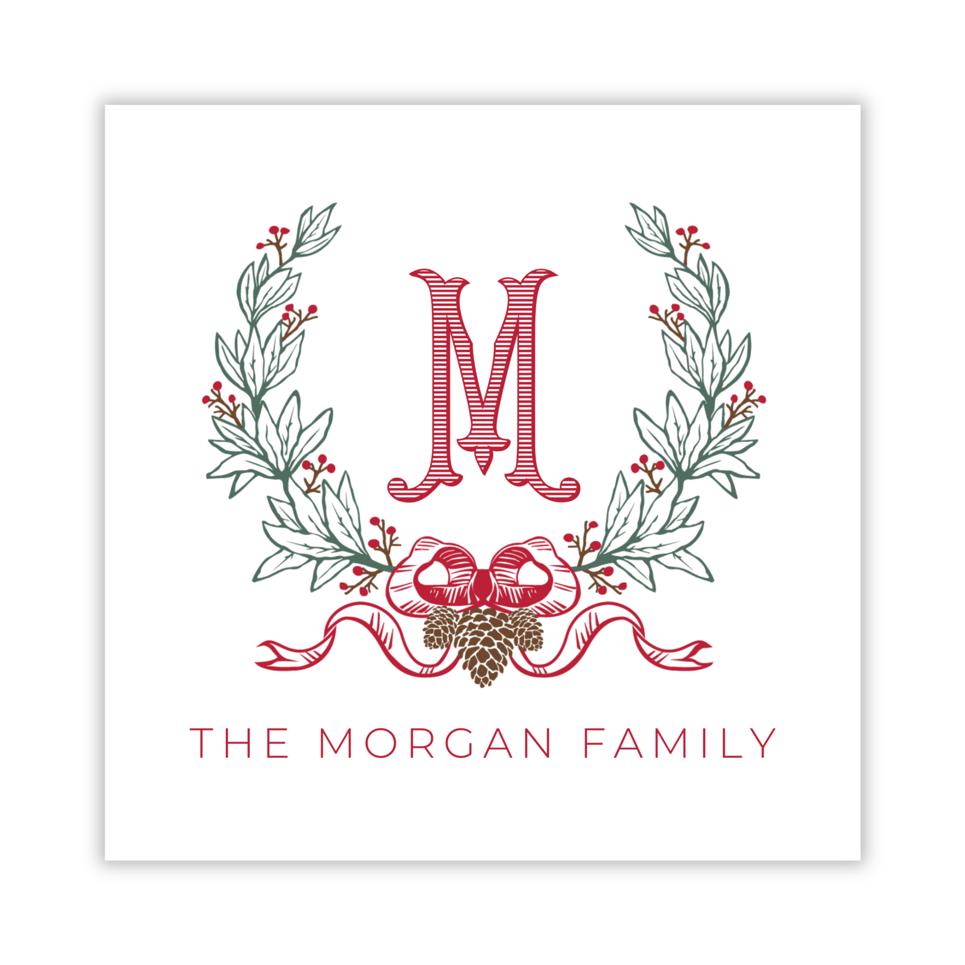 personalized gift tag with christmas laurel wreath, elegant monogram initial, and name, ShooFly Paper Co. Auburn, Alabama