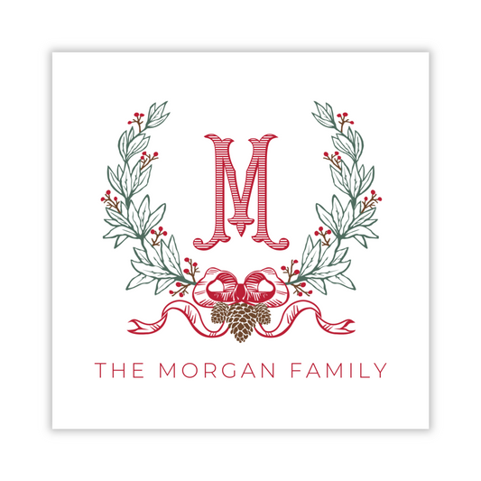 personalized gift tag with christmas laurel wreath, elegant monogram initial, and name, ShooFly Paper Co. Auburn, Alabama