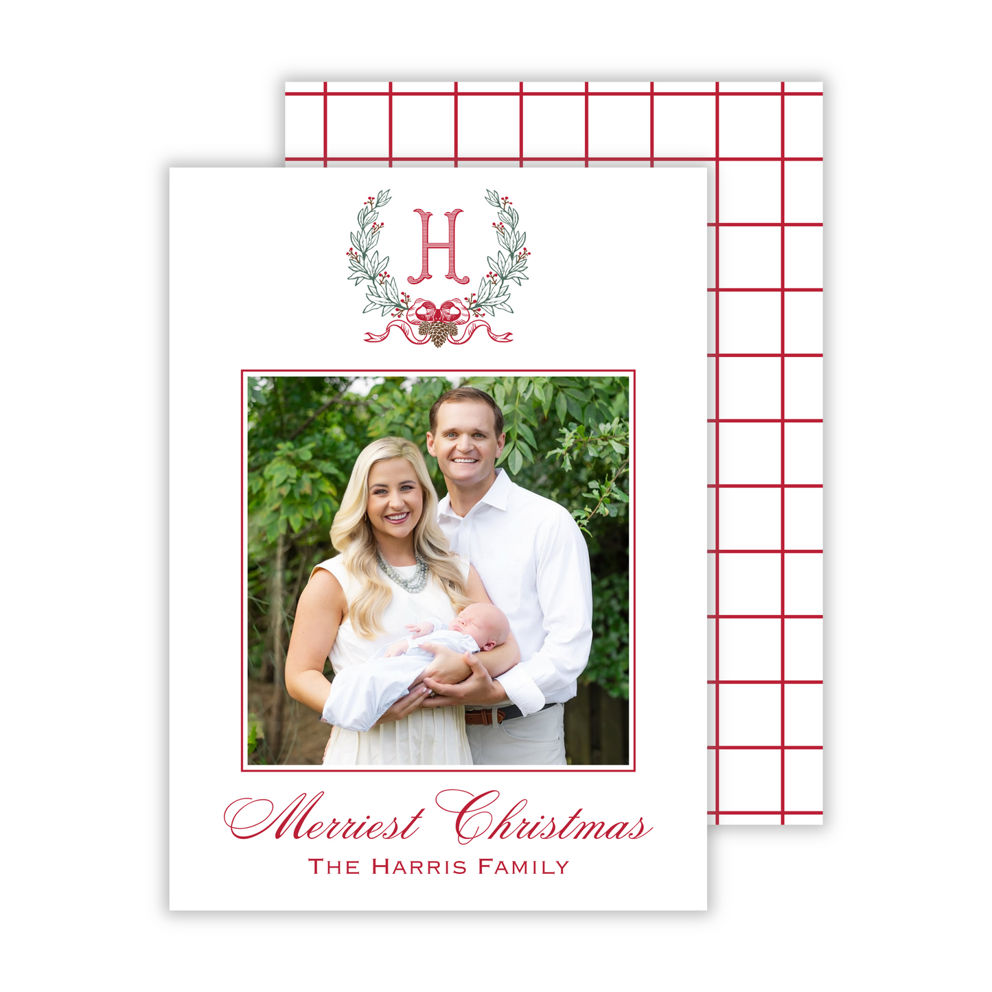 classic photo christmas card with laurel wreath with bow and elegant romanesque initial, ShooFly Paper Co. Auburn, Alabama