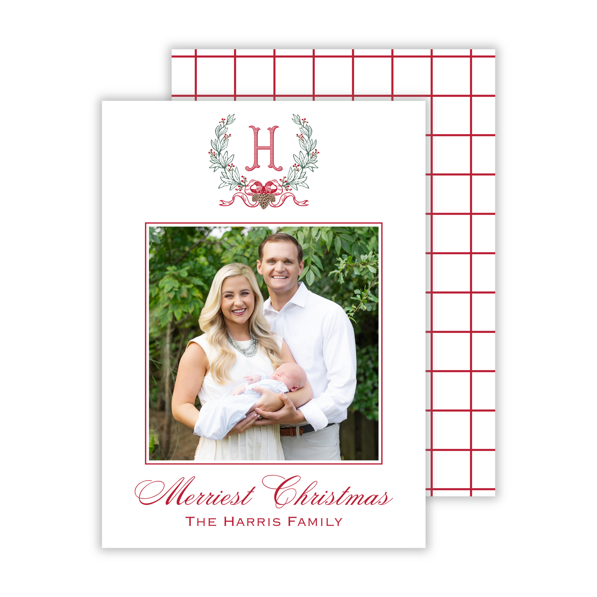 classic photo christmas card with laurel wreath with bow and elegant romanesque initial, ShooFly Paper Co. Auburn, Alabama