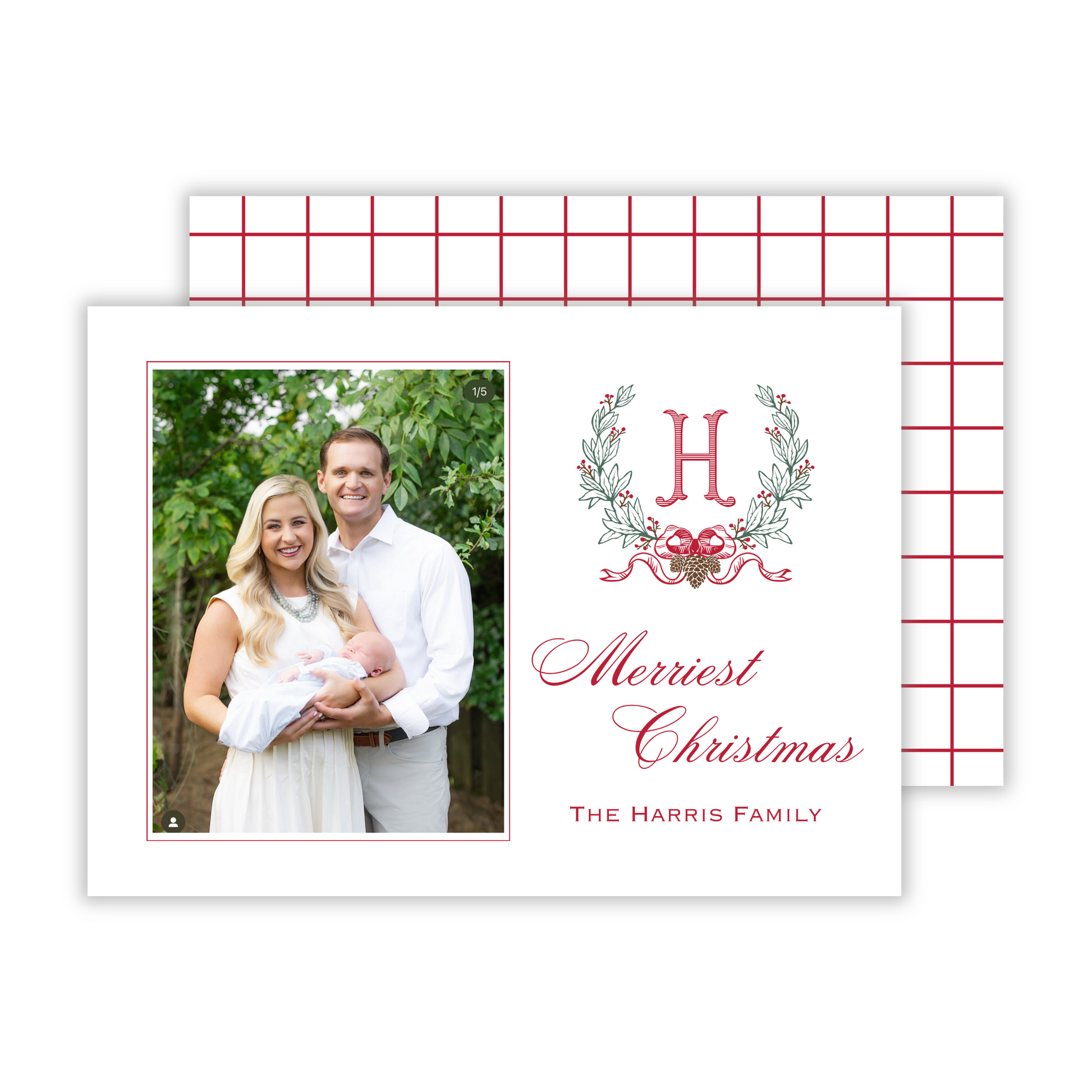 classic photo christmas card with laurel wreath with bow and elegant romanesque initial, ShooFly Paper Co. Auburn, Alabama